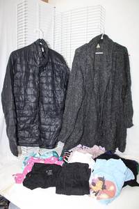 lot 235 image: Collection of Sleepwear and tops, Faded Glory Cardigan Size 4X, Old Navy Puffer Jacket Size XL