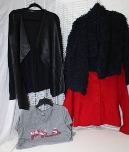 lot 244 image: Fila T-Shirt Size 2X, Zara Knit Jacket Size M, Wild Fable Furry Jacket Size XL, and Red Wool Jacket Size L