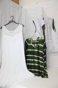 lot 245 image: Democracy White Linen Dress Size XL, Entro Green Top, and White Puff Vest by RuffHewn Size 2X