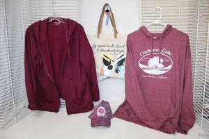 lot 248 image: Montana Pink Ball Cap, Long-Sleeve T-Shirt Hoodie Size XXL, Time and True Zippered Hoodie, and Coco Channel Canvas Bag