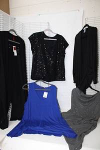 lot 249 image: Will Smith Dress 2X (still with Tags), Black Sweater Dress 2X (still with tags), Black Sequence Top XL, Angular Grey Beaded Poncho, and Black Cardigan XL