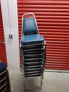 lot 318 image: Stackable Blue Vinyl Chairs with Chrome Finish - 10 Total (Sunday Pickup only 2-5p preview by appointment only.)