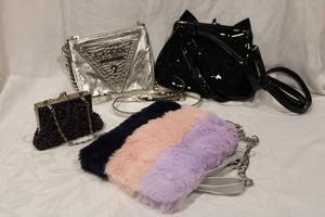 lot 449 image: Girls Purses Black Purse with Cat Ears by Intense, Silver Guess, Purple Beaded Purse and  Tri-colored Furry Crossbody Purse