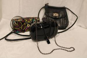 lot 450 image: Purses Black JNB Hard Case with Skull Latch, Fossil Black Crossbody, and Fossil Key-Per Case