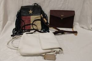 lot 451 image: Purses White Coach Crossbody, Red Purse with Gold Chain, Montana West RedWhiteBlue Crossbody