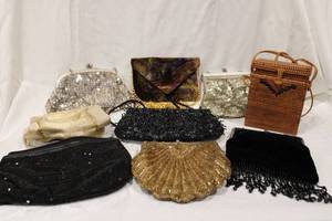 lot 456 image: Purses Gold and Black Beaded Purses, Basket Weave Purse, Silver Sequence Beaded Purses