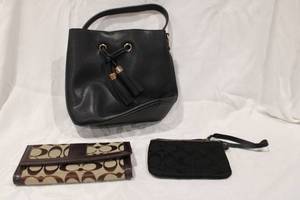 lot 458 image: Purses Black Purse marked LD, Coach Wallet, Coach Fabric Coin Purse