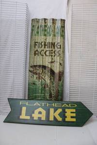 lot 486 image: Flathead Lake Signs One Wooden Arrow and One Metal Sign
