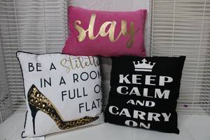 lot 499 image: Slay Pink Pillow, Stiletto Pillow, and Keep Calm Pillow
