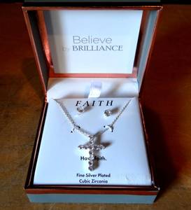 lot 116 image: LOVELY BELIEVE BY BRILLIANCE FAITH CZ DIAMOND CROSS PENDANT AND STUD EARRINGS