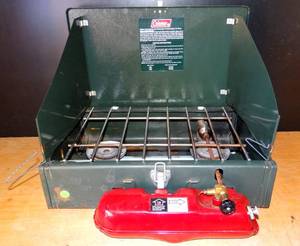 lot 295 image: Vintage Coleman Camping Stove  425F Two Burner Camp Stove wFuel Tank - VG CONDITION $$