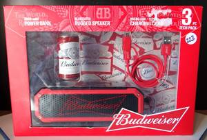 lot 223 image: NEW - Budweiser 3 Piece Tech Pack Bluetooth Can Speaker, Power Bank, Charging Cord $$