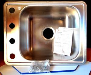 lot 250 image: NEW KOHLER STAINLESS STEEL 4 HOLE FAUCET SINK W CLAMPS AND DIRECTIONS - $$$