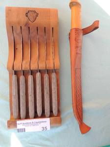 lot 35 image: Set of 6 Flint stainless Waverly edge USA steak knives in wood box and Filet knife RAPNLA J MARTTINI Finland hand ground stainless