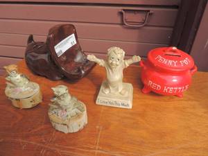 lot 51 image: Misc.- Love figurine, Red kettle penny pot ceramic piggy bank, 2 owl figurines atop trinket boxes, hippo pottery toothbrush holder