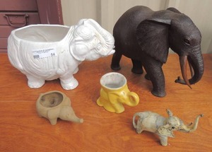 lot 54 image: Elephants x 5, Ceramic planter, large figurine, sand pottery planter, Frankoma yellow planter and more
