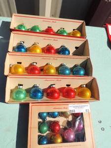 lot 83 image: 4 boxes of 5-1  small box of 10 vintage sears glass ornaments in original box