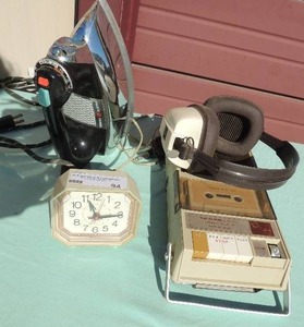 lot 94 image: GE iron Westclox dilex clock electric cassette player and head phones