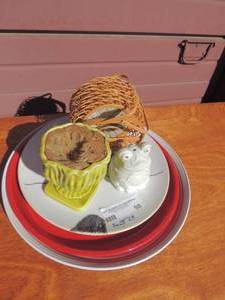 lot 98 image: Misc. Lot- 3 plastic platters, frog toothpic holder, butterfly coasters