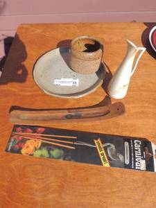lot 99 image: Incense Tranquility  with wood burner Klondike Klay flower vase pitcher Alaskan pottery cup and plate