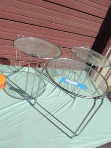 lot 121 image: 3 round chrome & glass side tables