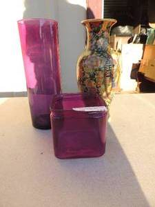 lot 142 image: 3 vases- 1 purple cylinder 14 1 small purple 4x4x4 1 Asian style 14
