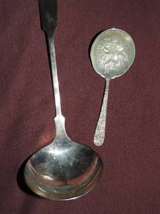 lot 27 image: Vintage S, Kirk & Sons Sterling Silver Repousse Pattern Spoon  ( Berry) 5,  &  Ladle  9 12 Fine Silverplate by  The Bailey Banks & Biddle Co.