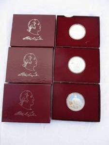 lot 16 image: 3-George Washington 250th Anniversary, 90% Silver, Half Dollar Commemorative Coin In Case