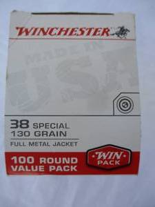 lot 44 image: BOX OF Winchester 38-Special, 130-Gr. FMJ Ammo. 100-Rds. Box.