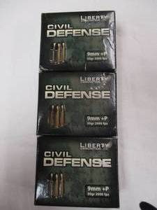 lot 52 image: 3-Boxes-Liberty Civil Defense 9mmP 50Gr. Ammunition, 25-Rounds per box