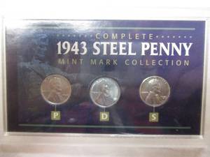 lot 56 image: COMPLETE, 3-1943 Steel Penny Mint Mark- P.D.S. Collection  In Display Case With COA.