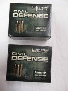 lot 70 image: 2-Boxes-Liberty Civil Defense 9mmP 50Gr. Ammunition, 25-Rounds per box