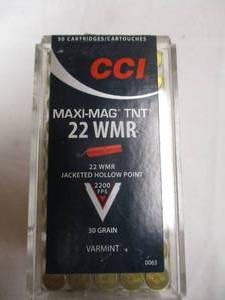 lot 79 image: BOX OF  50- ROUNDS OF CCI MAXI-MAG 22-MAG WMR Hollow Point Ammunition