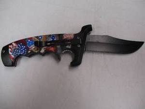 lot 116 image: NIB- FLAG  AND EAGLE SCENE  LARGE- STINGER- BIG GRIP, FINGER FLIP, BELT CLIP, POCKET KNIFE