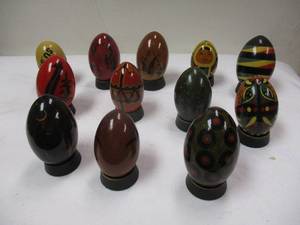 lot 99 image: 12-Vintage- Collectable-Traditional Polish Hand Made And Painted Pisanki Wooden Eggs, Each With Stand