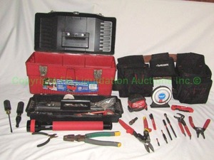 lot 131 image: Assorted Milwaukee hand tools and more including Husky tool belt, tool box, Empire dial gauge plus