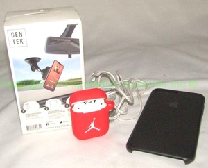 lot 137 image: Apple earpods in Air Jordan protective case with charge cord, phone case and GenTek window mount phone holder