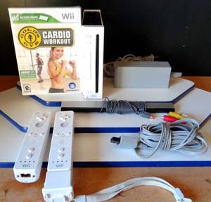 lot 94 image: Wii GAMING SYSTEM AS SHOWN WITH 2 CONTROLLERS CHARGERSENSOR BAR wCARDIO WORKOUT