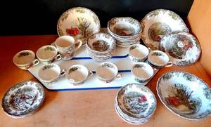 lot 273 image: BEAUTIFUL Johnson Brothers Friendly Village 42-Piece Dinnerware Set, Multicolor includes Serving Bowl & Lid $$$ - MADE IN ENGLAND