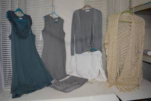 lot 226 image: Womens Clothes  Size L - Cardigans, Striped Pants, Calvin Klein Grey Dress size 12P
