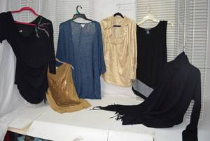 lot 230 image: Womens Clothes  Size L - Gold Tops, Black Tops and Cardigan Sweaters