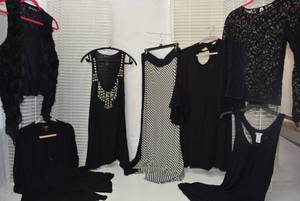 lot 235 image: Womens Clothes  Size L - Black Tops and Striped Long Skirt