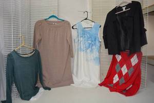 lot 237 image: Womens Clothes  Size L - Red Izod Sweater, Calvin Klein Blue and White Dress size 10, and More