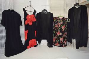 lot 245 image: Womens Clothes  Different Sizes, Black and Red Flower Dresses and Tops