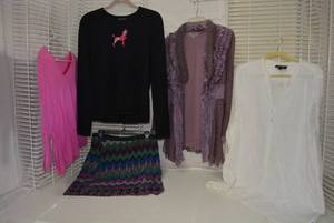 lot 246 image: Womens Clothes  Size LXL - Cashmere Sweaters, Skirt and Purple Cardigan