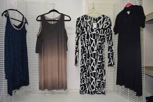 lot 252 image: Womens Clothes  Size LXL - Blue Glittery Top, BrownGrey Glittery Dress, Love Dress (still with Tags), Black Dress