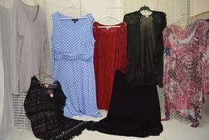 lot 258 image: Womens Clothes  Size 1X2X - Tops, Black Skirt, Blue and White Polka Dot Dress