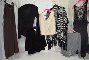lot 270 image: Womens Clothes  Size L - Brown Dress (With Tags), Black Velvet  Jacket, Size S White Beaded Top, Sweater Cardigan and More