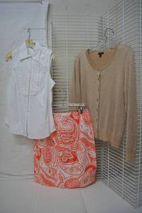 lot 273 image: Womens Clothes  Size 8-10 White Top, Orange Swirl Skirt and Brown Talbots Cardigan