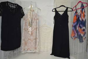 lot 276 image: Womens Clothes  Size 12 Dress with Beaded Belt Sash, Size 4P Black Beaded Dress and More